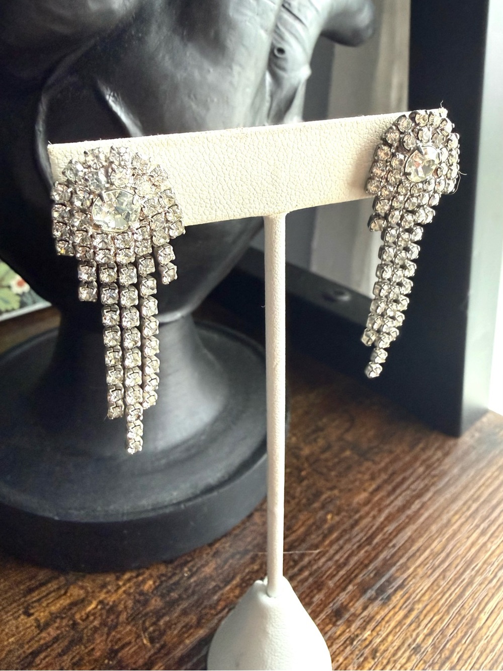 Vintage Rhinestone Pierced Earrings Silver Tone Sparkly Cascade Drop